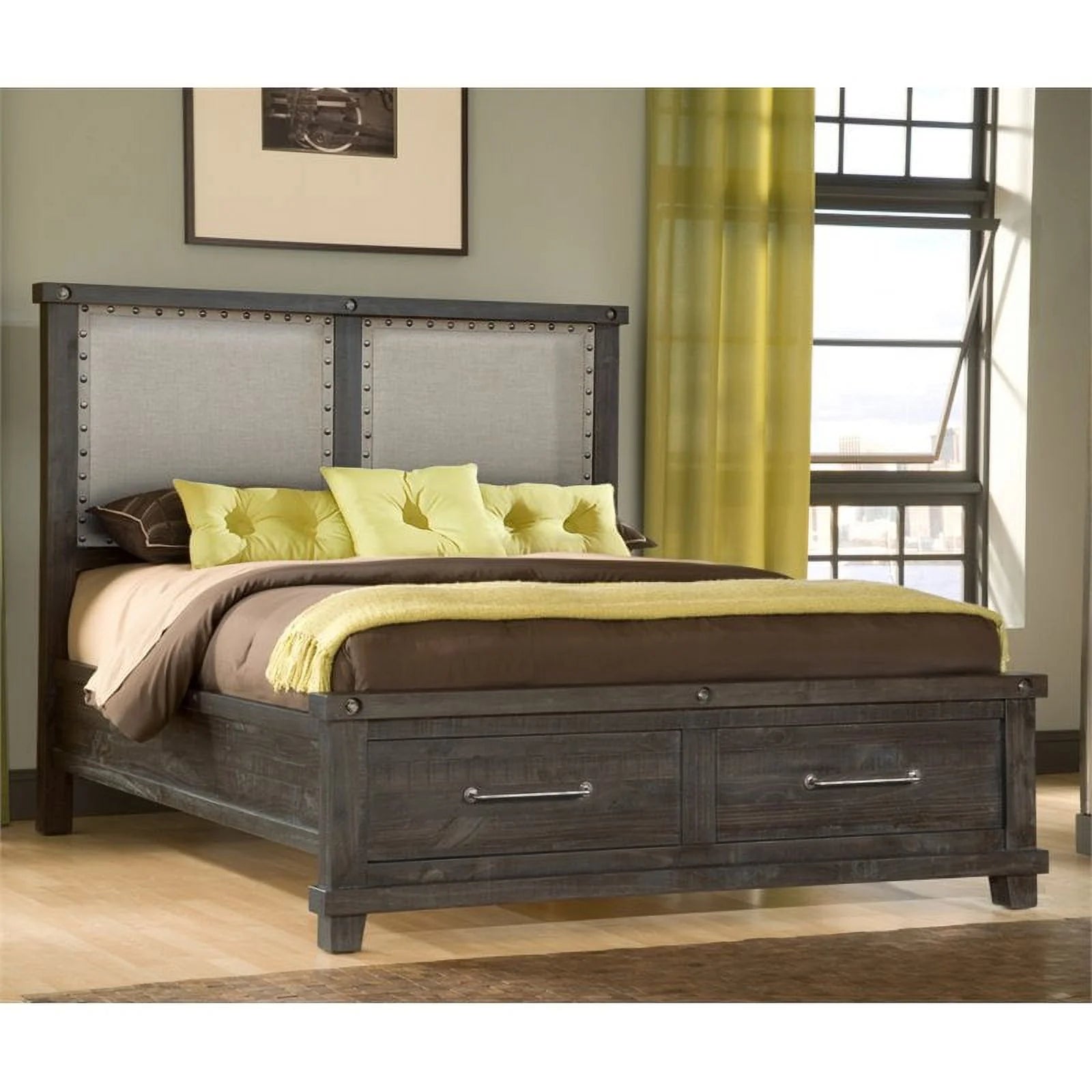 Upholstered California King Panel Storage Bed in Cafe J314923