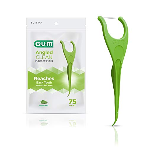 GUM Angled Floss Picks, Perfect for Tight Teeth, Extra Strong Shred-Resistant Dental Floss, Angled for Easy Reach, Dental Flossers for Adults, Fresh Mint Flavor, 75ct (4pk)
