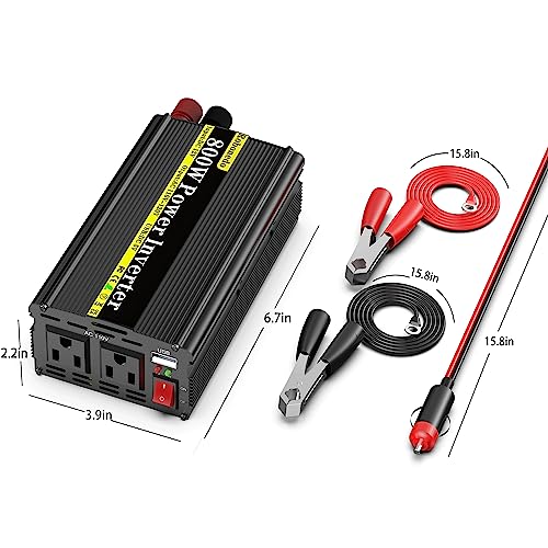 800W Car Power Inverter, DC 12V to 110V AC, 2 AC Outlets and USB Ports R9918