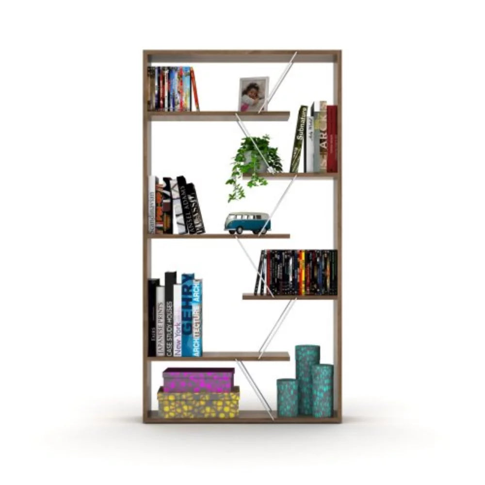 Wood Frame Etagere 6-Shelf Bookcase for Living Room, Walnut/Chrome H187991