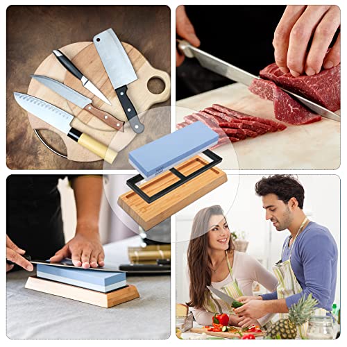 Knife Sharpening Stone Kit - Double Sided 1000/6000 Grit with Bamboo Base and Angle Guide I87418