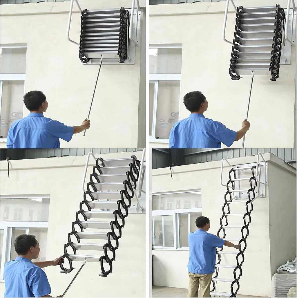 Folding Attic Ladder 12 Steps Wall Mounted Al-Mg Alloy 9.8ft Blue with Armrests A3121