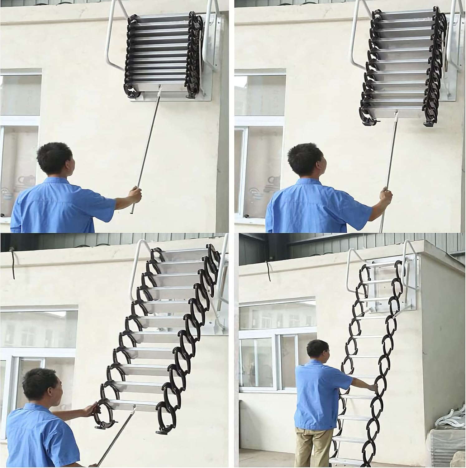 Folding Attic Ladder 12 Steps Wall Mounted Al-Mg Alloy 9.8ft Blue with Armrests A3121