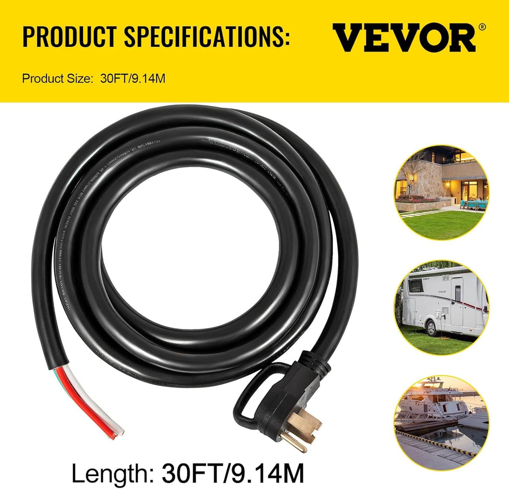 30Ft 50Amp Generator Extension Cord 6 Gauge STW 6/3+8/1 N14-50P to Bare Wire E490