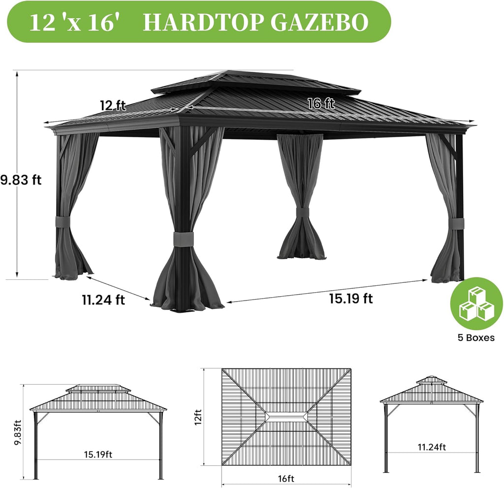 12 x 16 ft Hardtop Gazebo with Aluminum Frame and Galvanized Steel Roof X2254