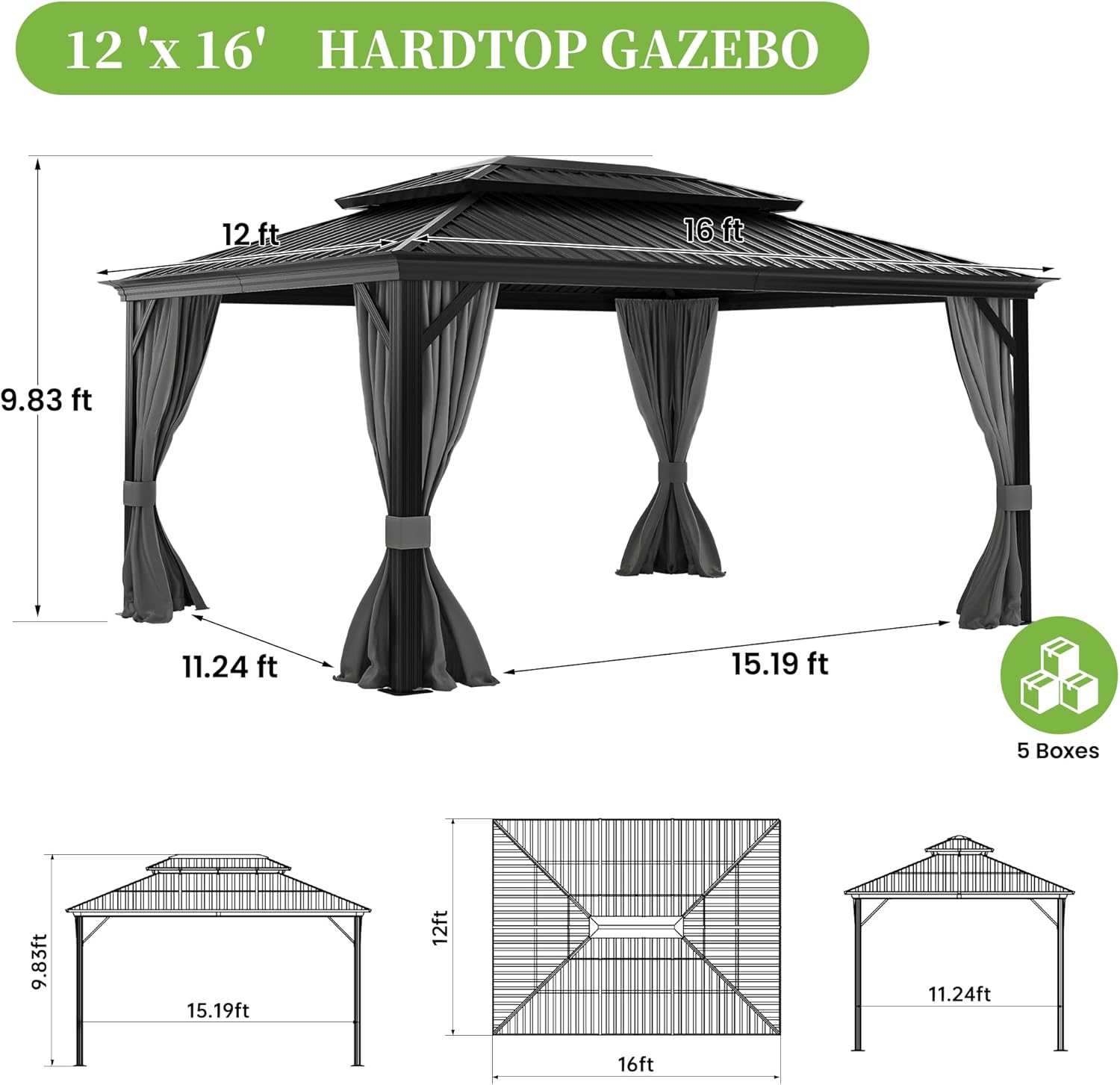 12 x 16 ft Hardtop Gazebo with Aluminum Frame and Galvanized Steel Roof X2254