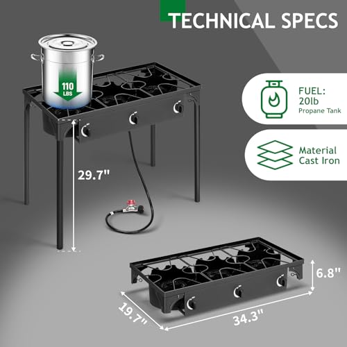 3 Burner Propane Gas Stove for Outdoor Cooking, 225,000 BTU Camping Cooker S3202