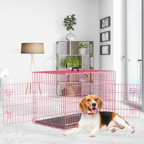 Large Dog Crate 42 Inch Double Door Folding Metal Wire Kennel with Divider Panel Z220483