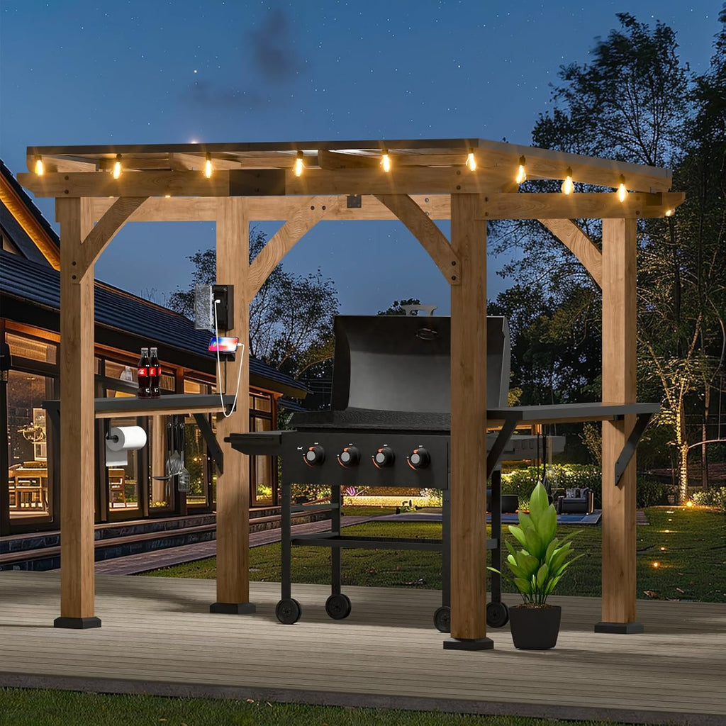 Cedar Wood Grill Gazebo with Steel Roof and Shelves T898