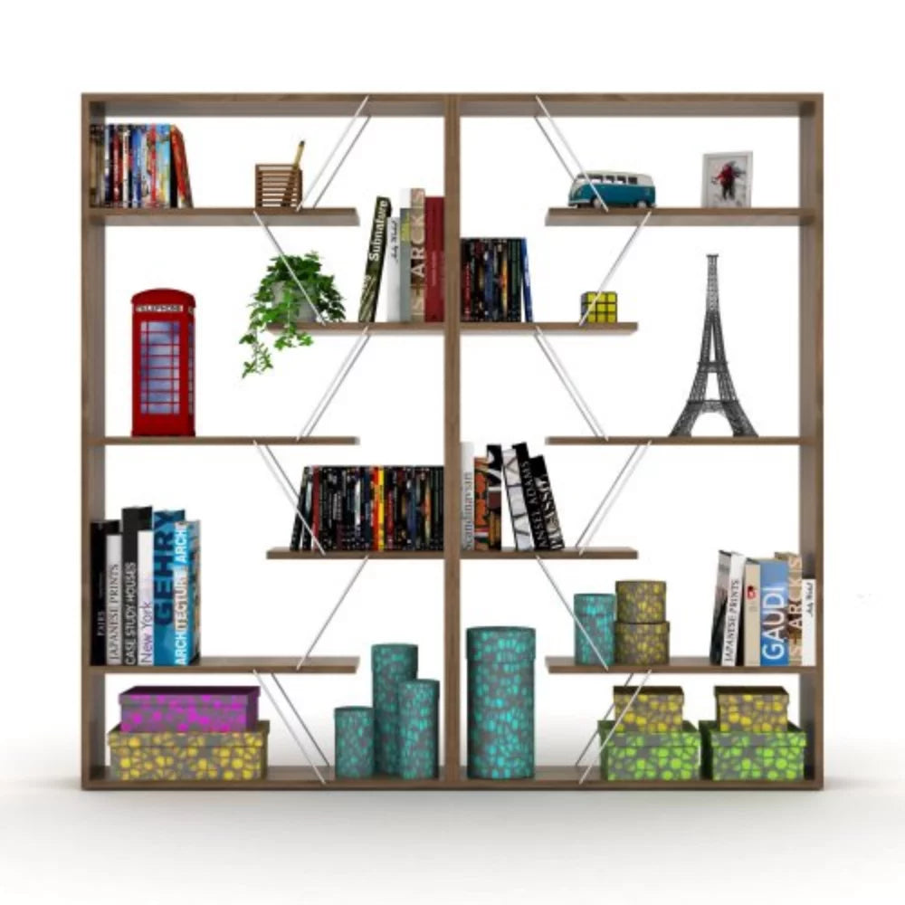 Wood Frame Etagere 6-Shelf Bookcase for Living Room, Walnut/Chrome H187991
