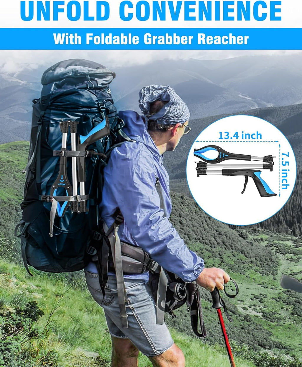 36" & 40" Foldable Reacher Tool for Elderly, Anti-Slip Rotating Jaw with Magnet, Blue W540