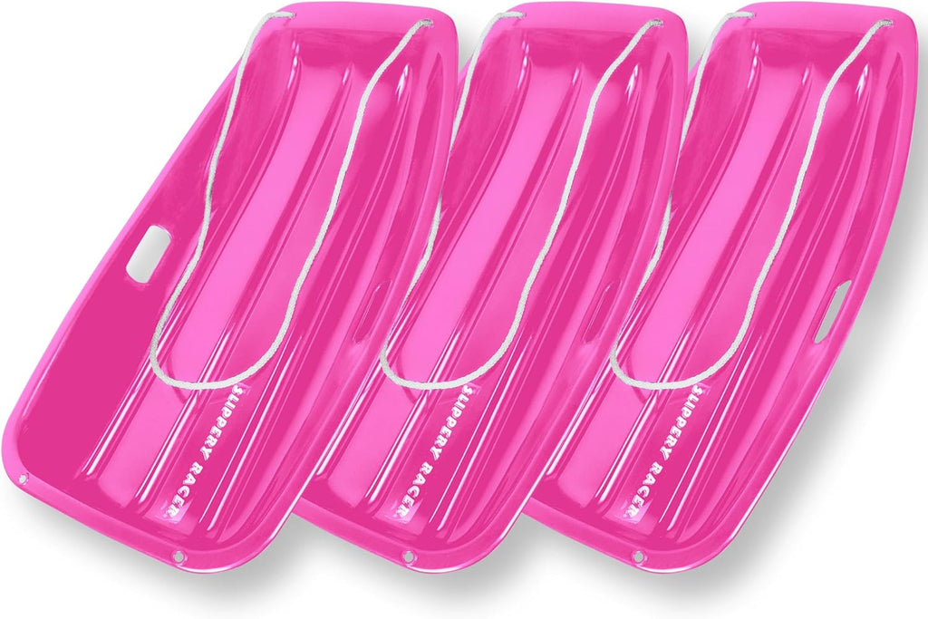 Downhill Sprinter Flexible Kids Toddler Plastic Cold-Resistant Toboggan Snow Sled with Pull Rope and Handles, Pink (3 Pack)