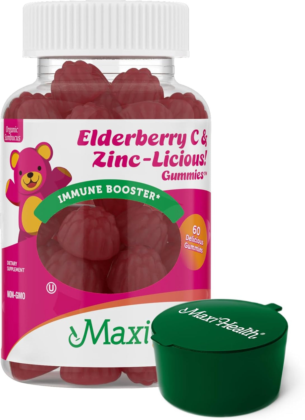 Elderberry Zinc Gummies - Organic Sambucus Elderberry Gummies w/Zinc and Vitamin C - Vegan Immune Support for Adults and Kids - 60 Gummies - with Green Pillbox