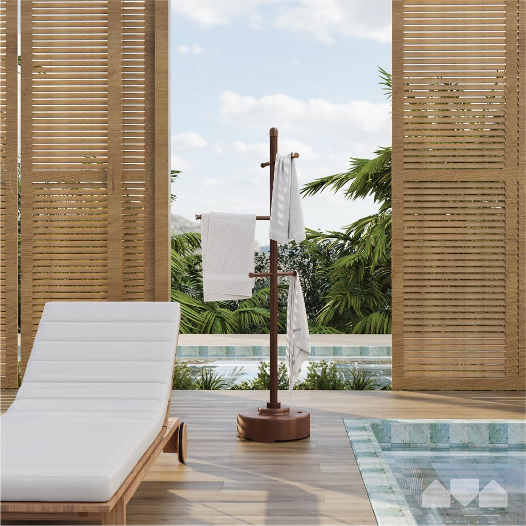 Pool Towel Rack Freestanding Outdoor Spa Towel Tree, Weather Resistant Metal and Plastic, 65 x 25 inches, Brown E501