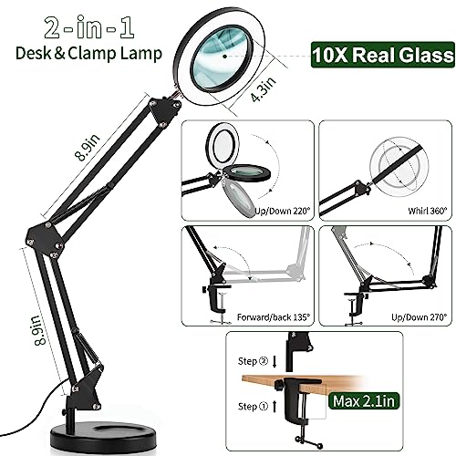 Magnifying Glass with Light and Stand, 10X LED Desk Lamp, 3 Color Modes, Dimmable N40401