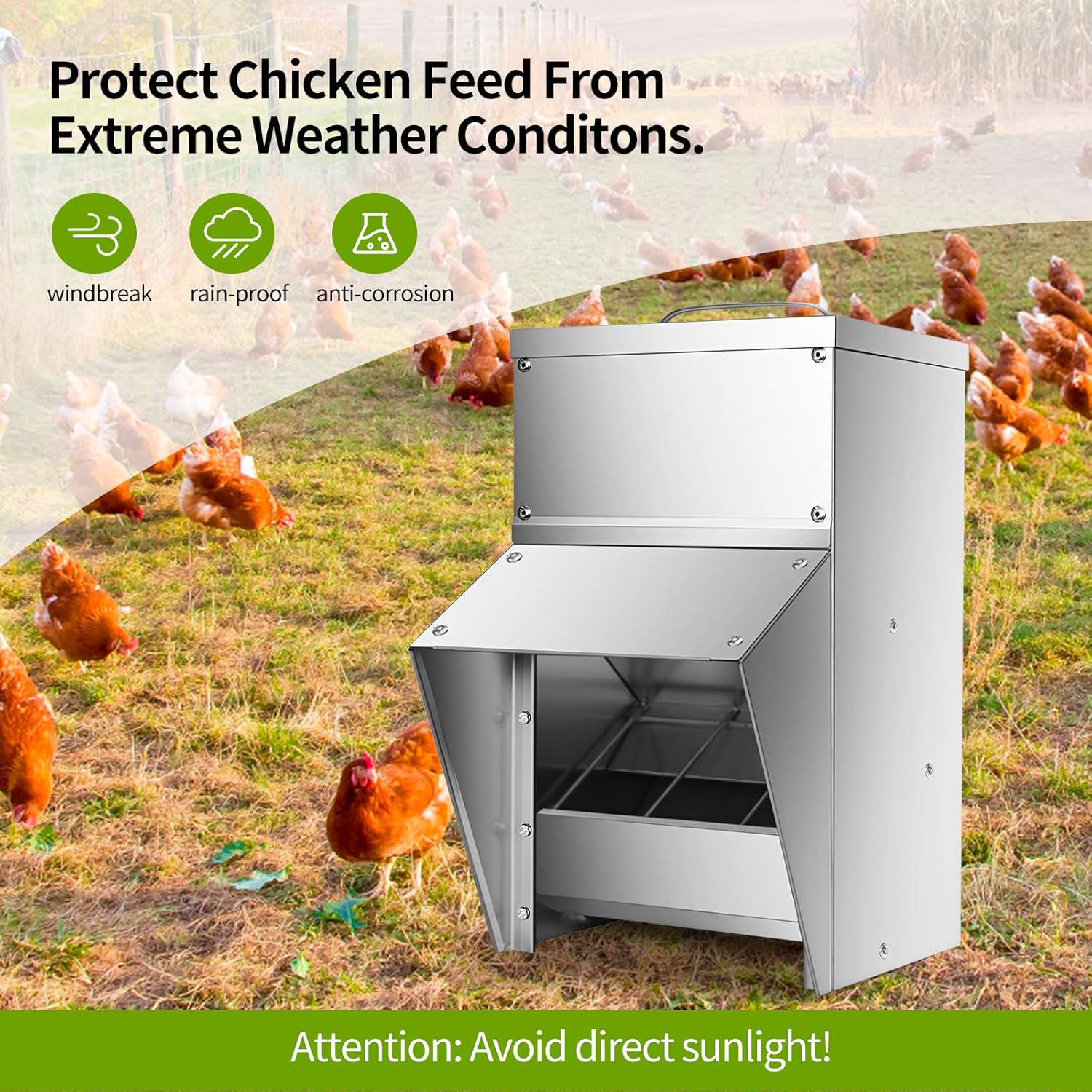 Galvanized Metal Chicken Feeder with Lid, Hanging Poultry Feeder D9302