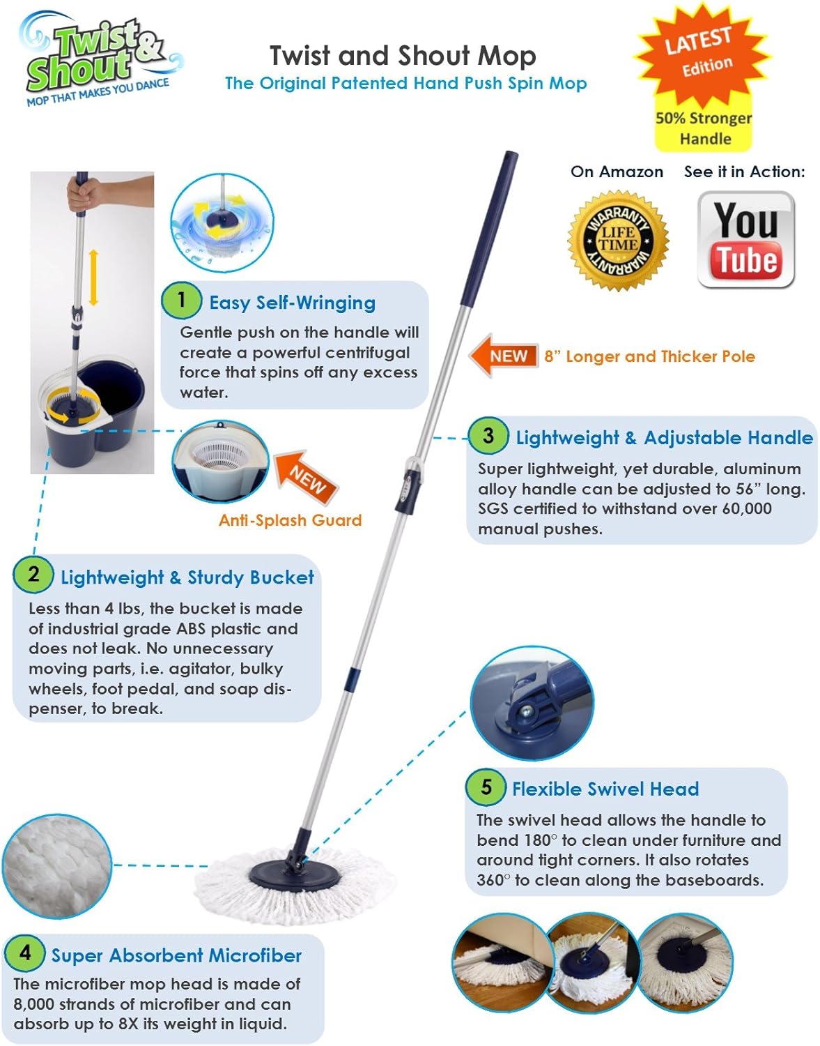 Hand Push Spin Mop with 2 Microfiber Mopheads W952213