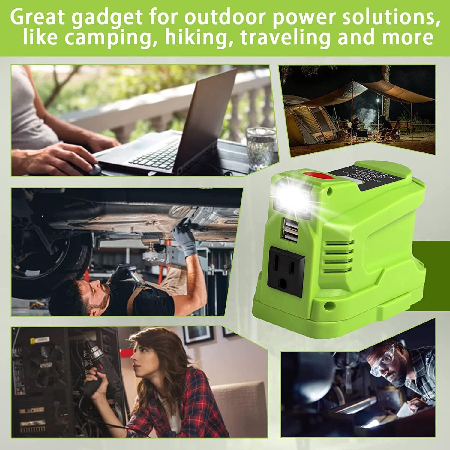 150W Power Supply Inverter for 18V, DC to AC 120V, USB Phone Charger Adapter with AC Outlet & LED Light T562395