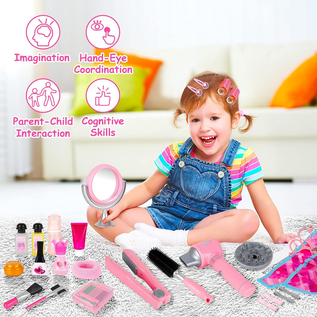 Girls Beauty Salon Set 35pcs Kids Pretend Play Makeup with Hairdryer, Mirror, Curling Iron C601742