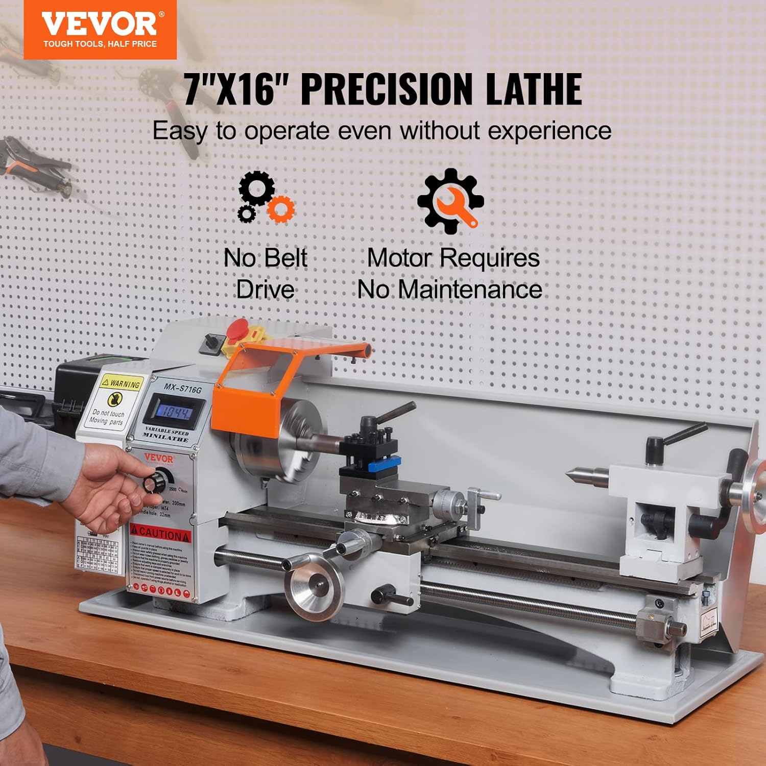 Mini Metal Lathe Machine, 7 x 16 Inch, 800W Benchtop Power Lathe, 150-2500 RPM Variable Speed X459