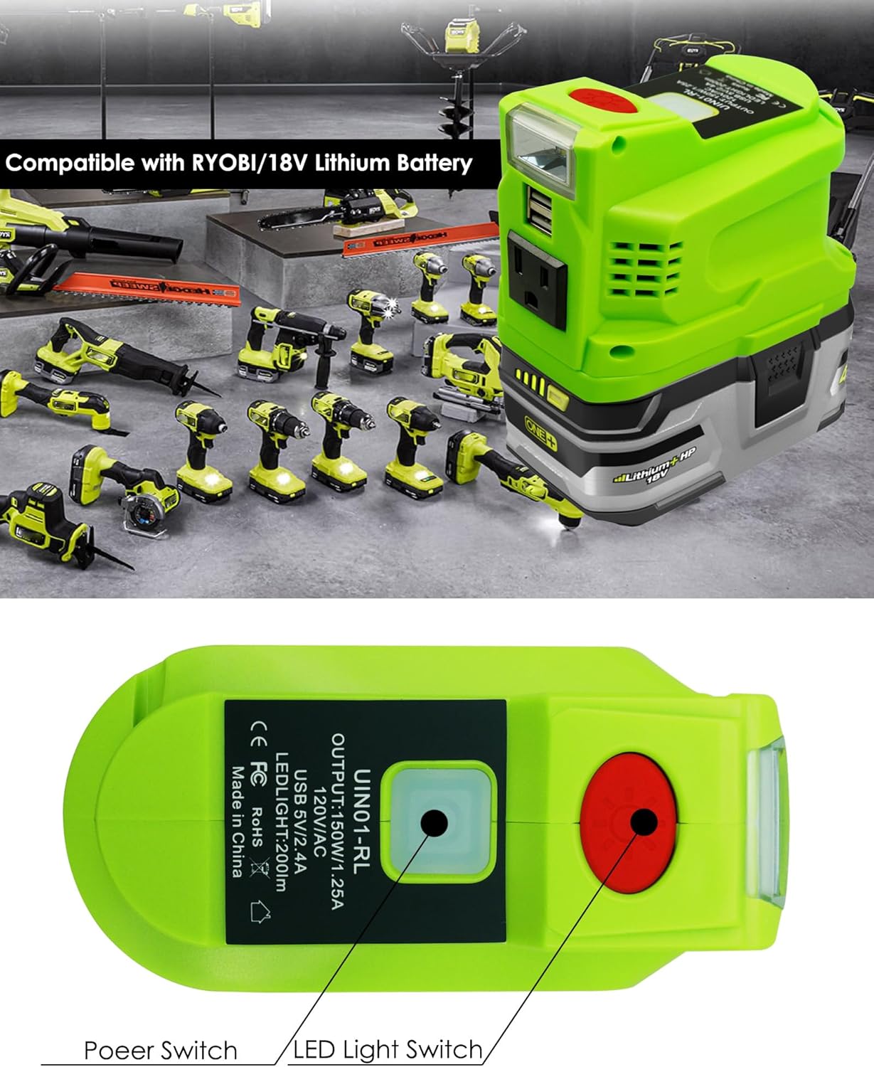 150W Portable Power Inverter for 18V Lithium Battery with AC and USB Outlets X3842