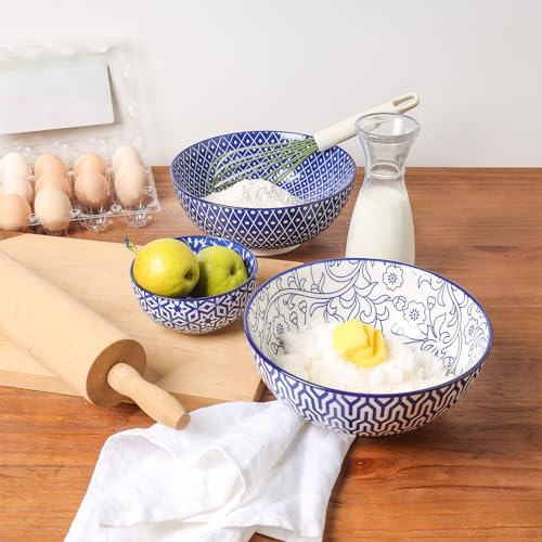 Ceramic Salad Bowl Set, 53 oz, 8 Inch, Stackable, Set of 3, Vintage Blue D421999