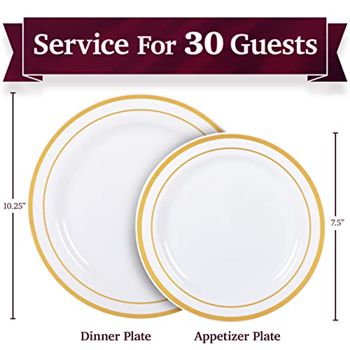 White Plastic Plates Disposable with Gold Trim, 50 Dinner Plates 10.25" + 50 Salad Plates 7.5" K987175