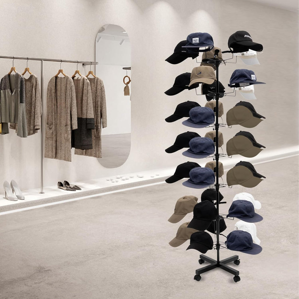 Rotating Hat Display Stand with Wheels, Adjustable Cap Organizer, Metal Hooks T556391