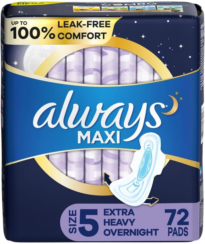 Overnight Pads with Wings, Size 5, Unscented, 72 Count (Pack of 2) N67408