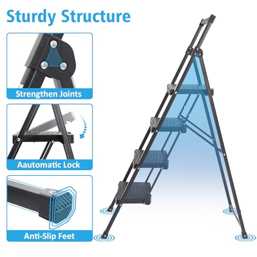 5 Step Ladder with Tool Platform, Folding Steel Step Stool with Handrail E680118