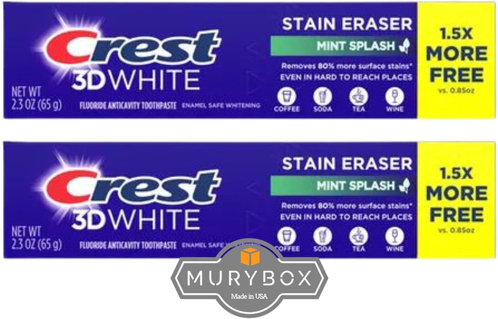 Crest 3D White Stain Eraser Toothpaste, 2.3 oz | Crest 3D White Fluoride Anticavity Toothpaste | Crest 3D White Toothpaste, Crest 3D Whitening Toothpaste (Pack of 2) + MB Sticker.