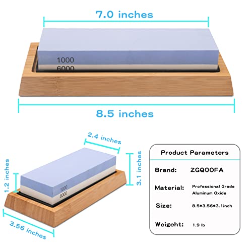 Knife Sharpening Stone Kit - Double Sided 1000/6000 Grit with Bamboo Base and Angle Guide I87418