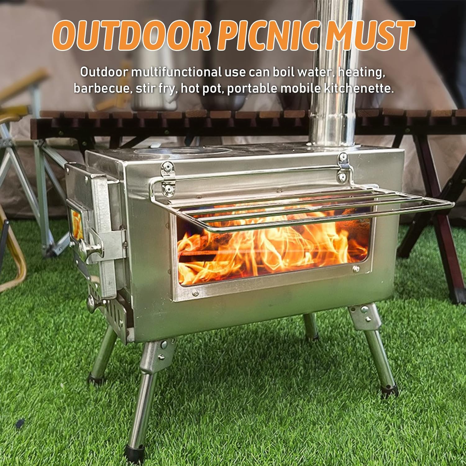 Stainless Steel Camping Tent Stove with Chimney Pipes and Gloves T18696