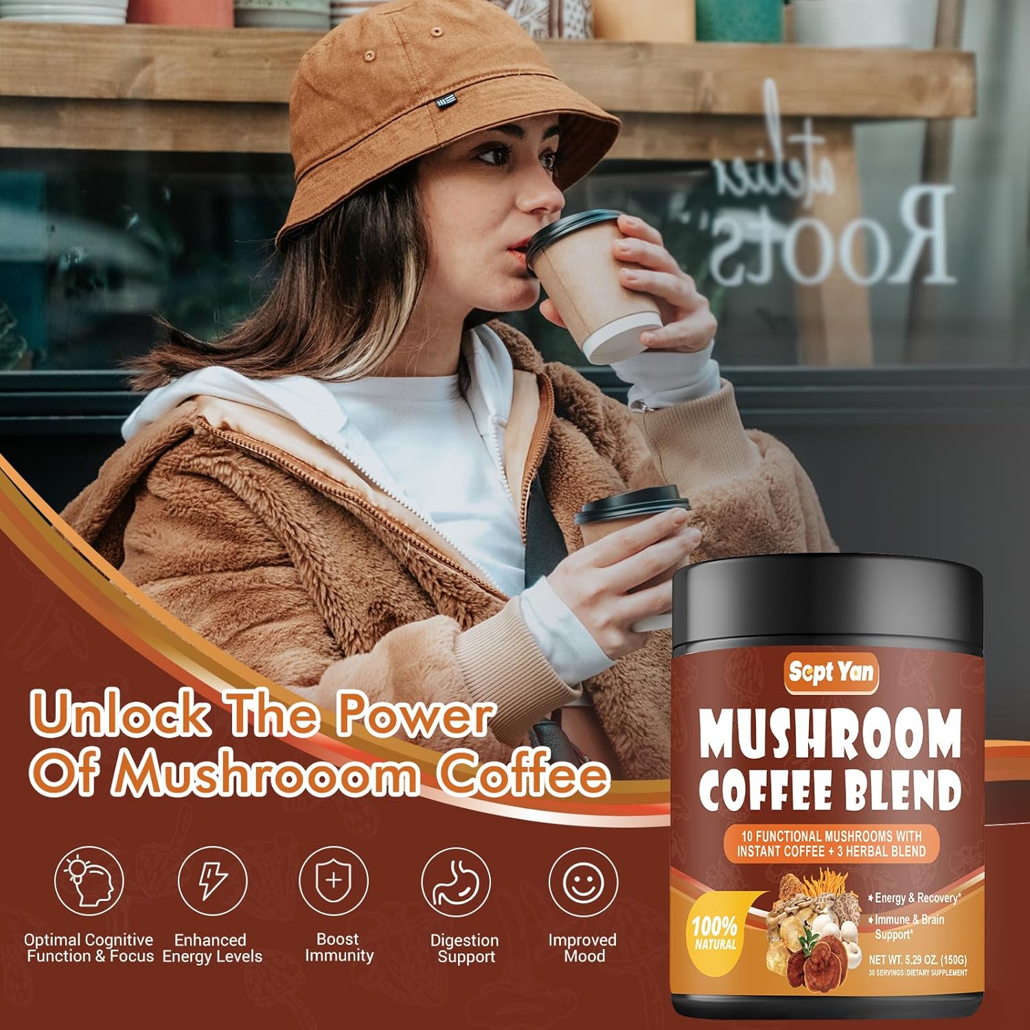 Mushroom Coffee with 10 Mushrooms, Instant Coffee Powder for Energy and Focus A3924
