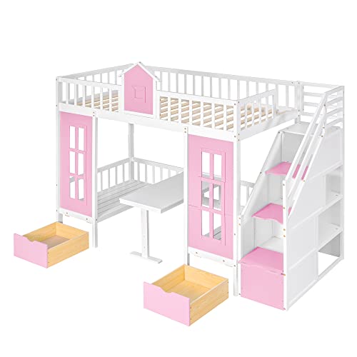 Twin-Over-Twin Bunk Bed with Slide, Storage Staircase, Solid Wood Frame U37969