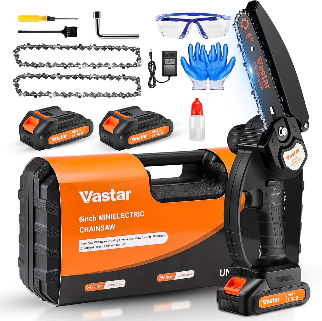 Vastar Cordless Mini Chainsaw, 6inch Portable Electric Chainsaw, Battery Powered Handheld Chain Saw, 2Pcs 24V 2000MAH Rechargeable Battery, with 2 Chains, Splash Guard for Wood Cutting