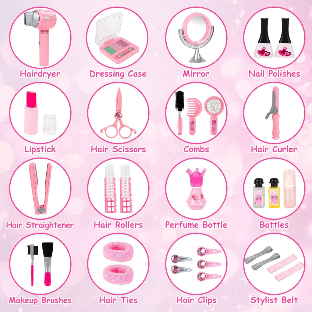Girls Beauty Salon Set 35pcs Kids Pretend Play Makeup with Hairdryer, Mirror, Curling Iron C601742