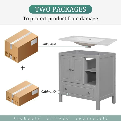 Bathroom Vanity with Sink and Storage Cabinet, Solid Wood Frame, Grey F108943