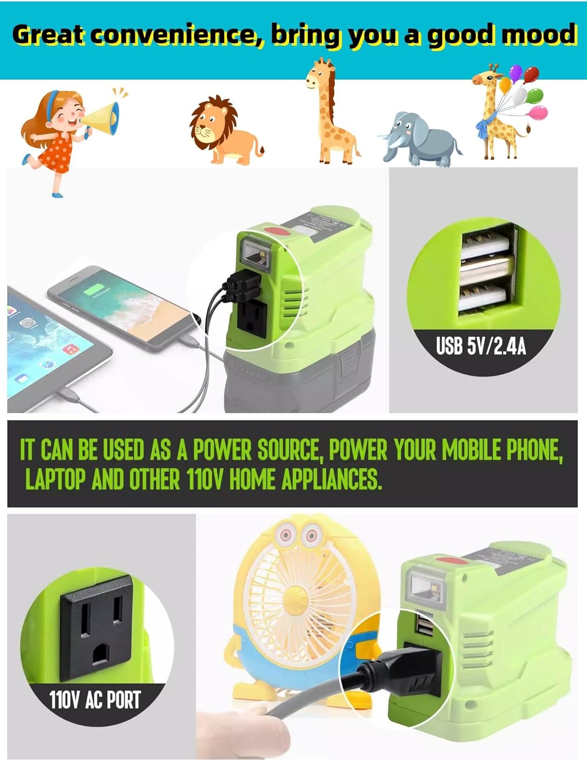 Portable Power Inverter for 18V Lithium Battery, USB Charger Adapter, 110V 120V O540985