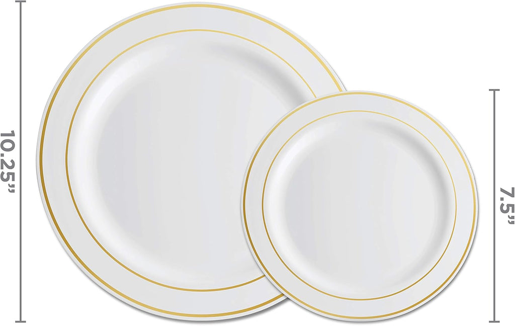 100 Piece Plastic Party Plates White Gold Rim, 50 Dinner and 50 Dessert Plates K48971
