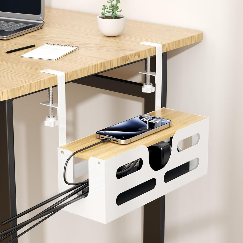 Cable Management Box with Lid, Under Desk Tray with Adjustable Clamps A5988