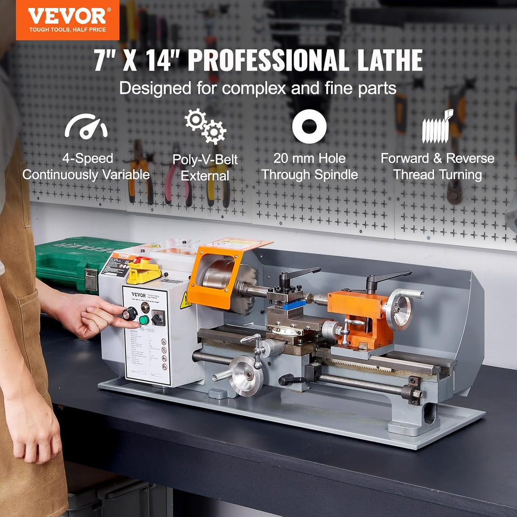 Metal Lathe Machine, 7 x 13.78 Inch, Benchtop Power Lathe, 0-2200 RPM Variable Speed, with Tool Box A98525