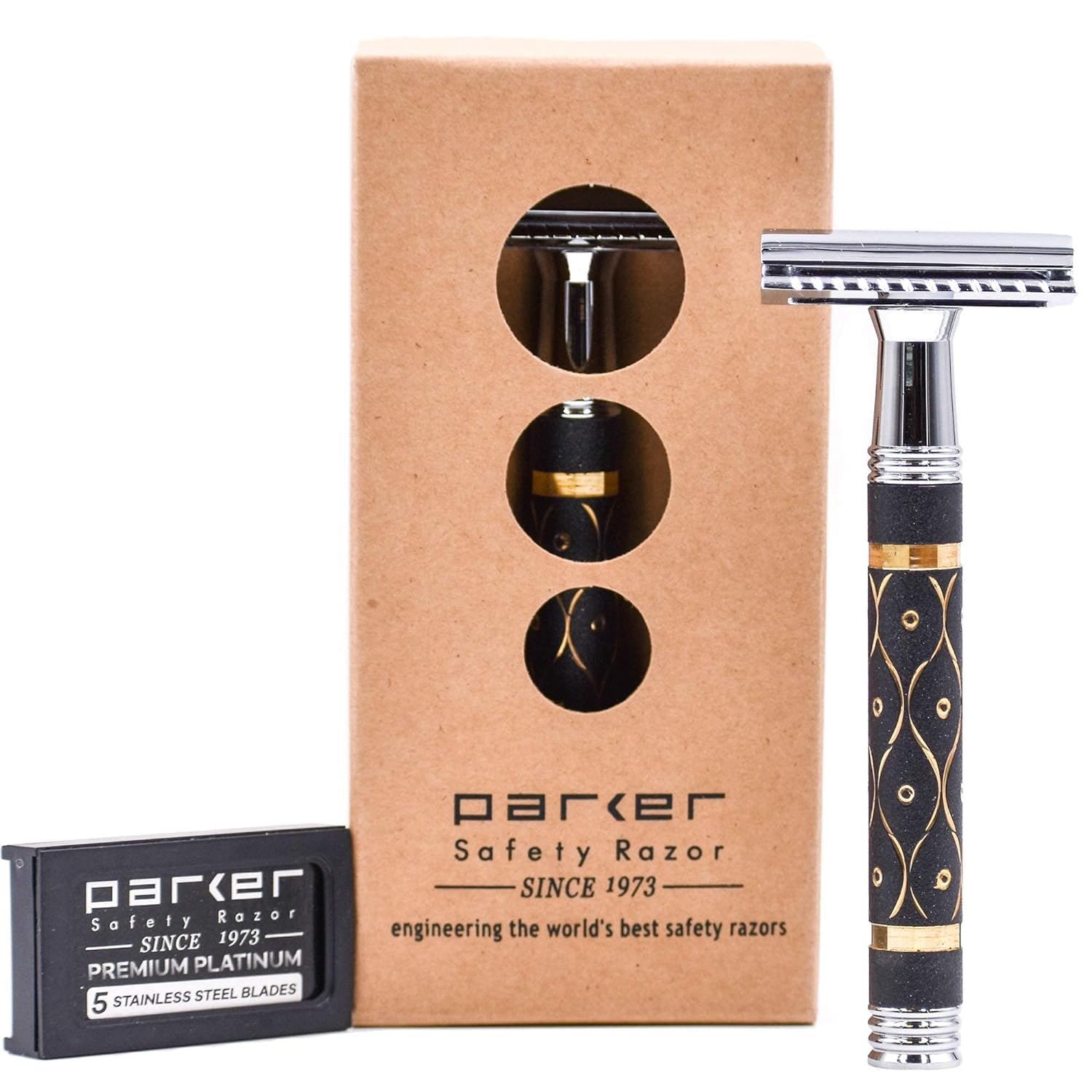 Parker, 65R Super Heavyweight Gray and Gold Double Edge Safety Razor & 5 Parker Blade Refills