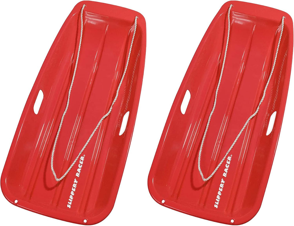 Downhill Sprinter Flexible Kids Toddler Plastic Cold-Resistant Toboggan Snow Sled with Pull Rope and Handles, Red (2 Pack)
