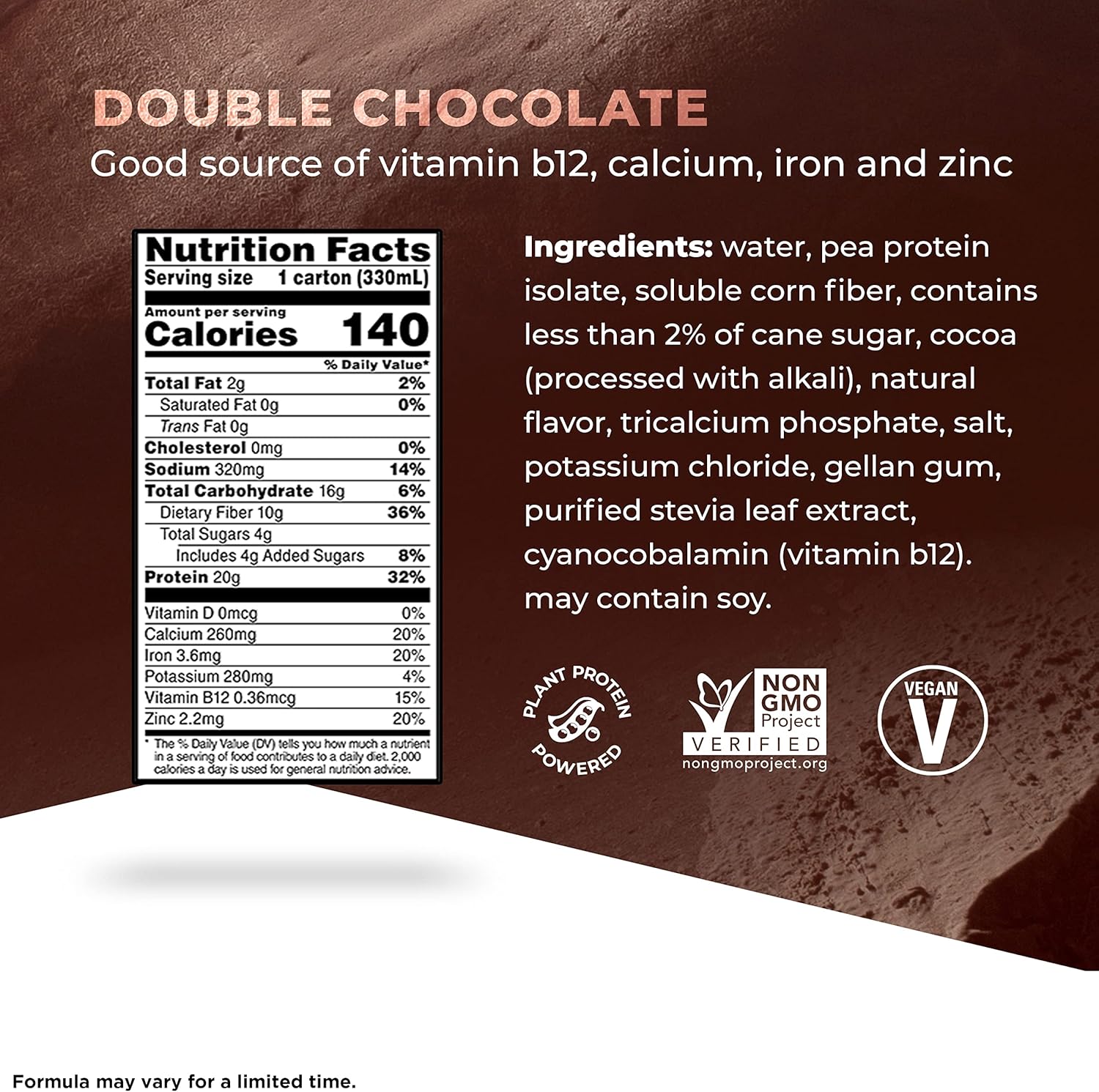 Plant Based Protein Shake, Double Chocolate, 20g Vegan Protein, 11oz, 4 Pack F226