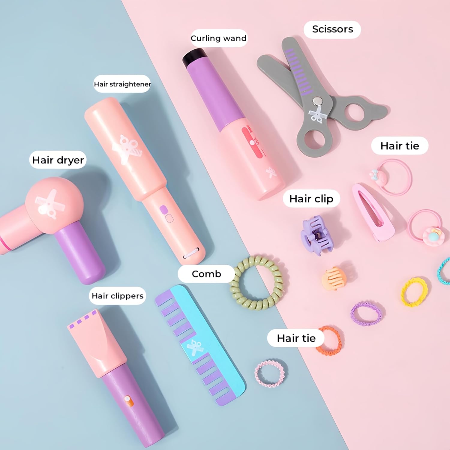Wooden Makeup Toy Set for Girls with Hair Dryer and Styling Accessories Q81717