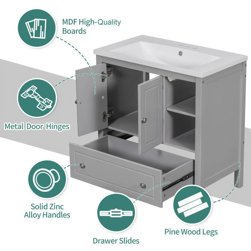 Bathroom Vanity with Sink and Storage Cabinet, Solid Wood Frame, Grey F108943