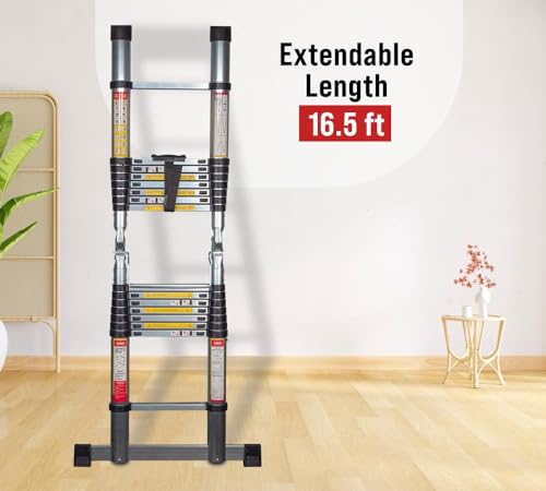 16.5 ft Telescoping Ladder A Frame - Aluminum Extension Ladder with Balance Bar, Carry Handle & Tool Tray O962
