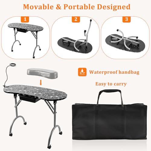 Foldable Manicure Nail Table with Drawer, LED Lamp, and Carry Bag A342452