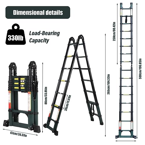 Telescoping Extension Ladder with Triangular Stabilizer, Foldable Aluminum, 330 lbs Load M192893